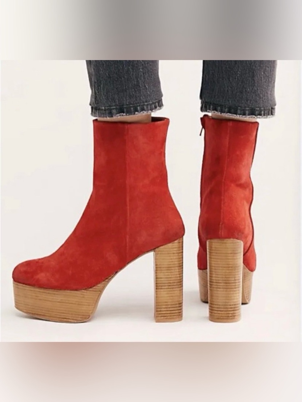 Free People Red Suede Platform Block Heel Ankle Boots